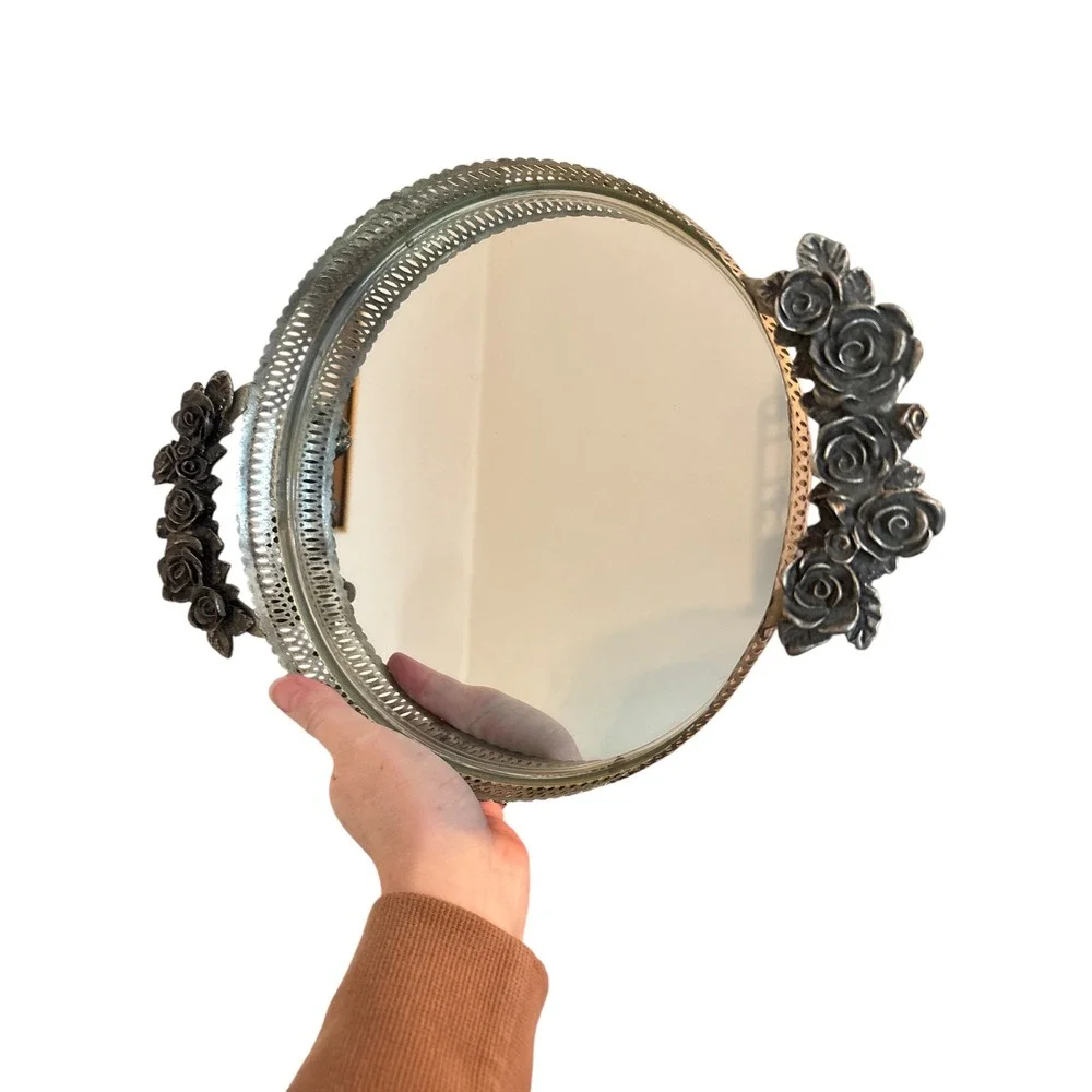 Vintage Round Mirrored Vanity Tray Gold Tone Pierced Metal Rose Flower‎ Handles